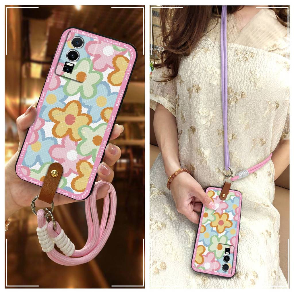 ซิลิโคนเคสโทรศัพท์น่ารักสําหรับVIVO Y76 5G Lanyardแฟชั่นออกแบบสร้อยคอนุ่มกรณีปกหลังกันกระแทกป้องกันฝ
