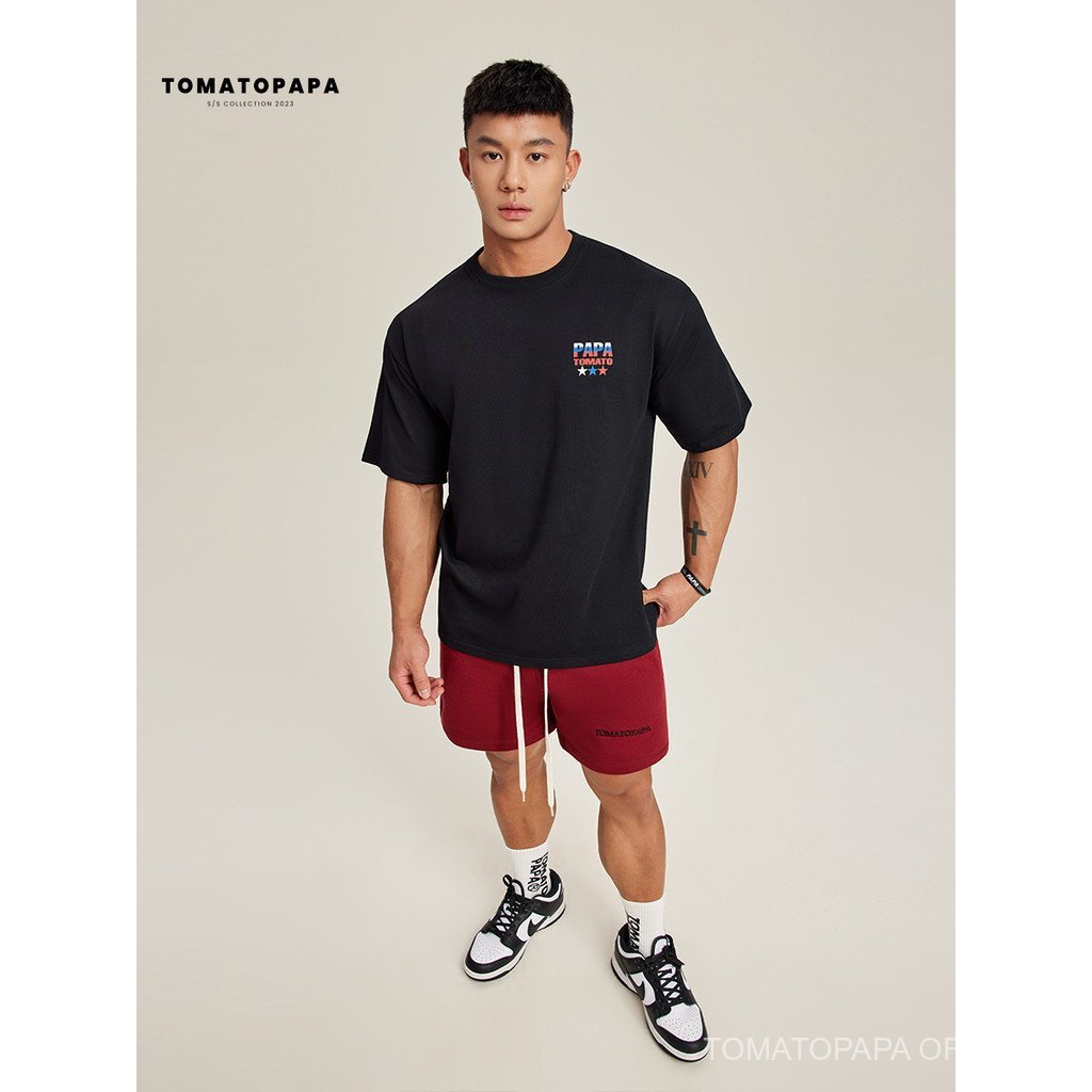 เสื้อยืดคอกลมแขนสั้นผู้ชาย TOMATOPAPA สไตล์อินเทรนด์ พิมพ์ครึ่งแขน ทรงคลาย oversized — صورة 6
