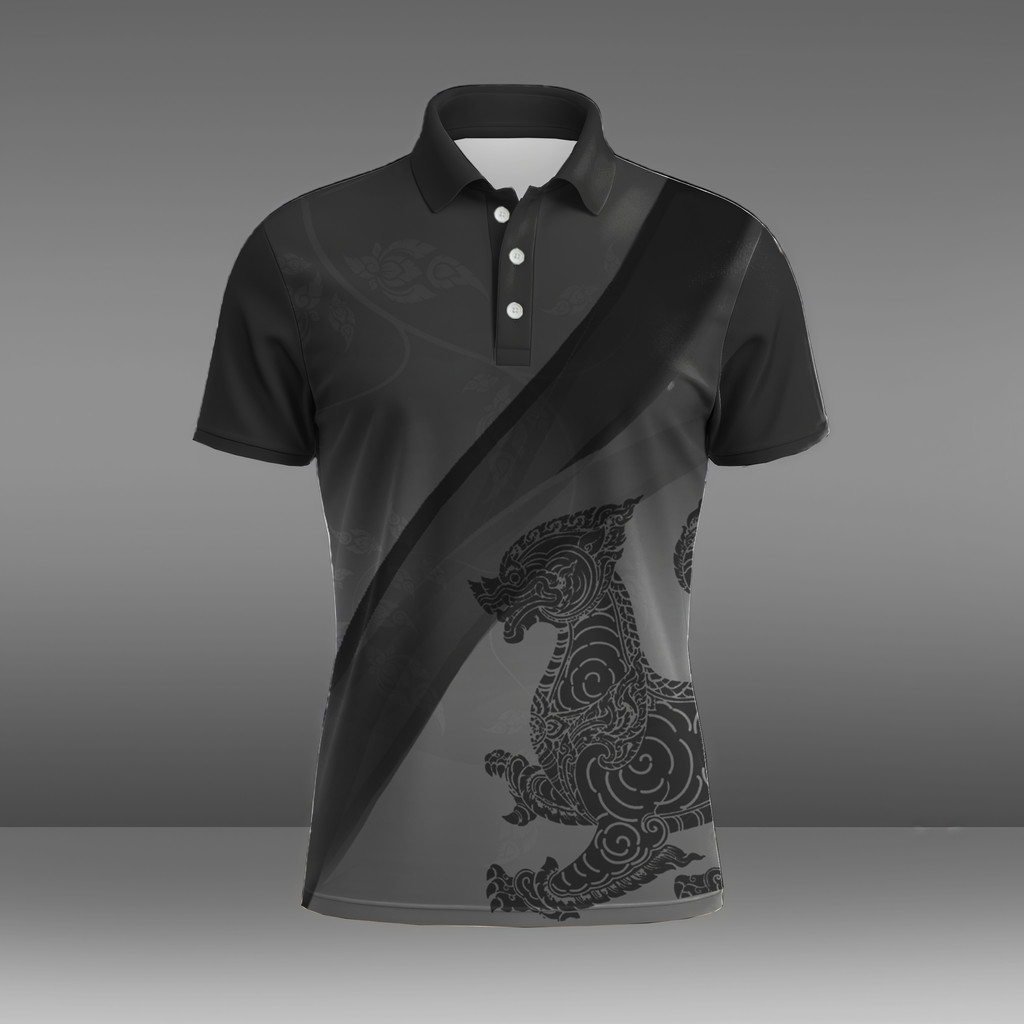 เสื้อโปโลหญิงสีดำ ลายไทยดั้งเดิม ระบายอากาศดี พร้อมโลโก้หน่วยงาน