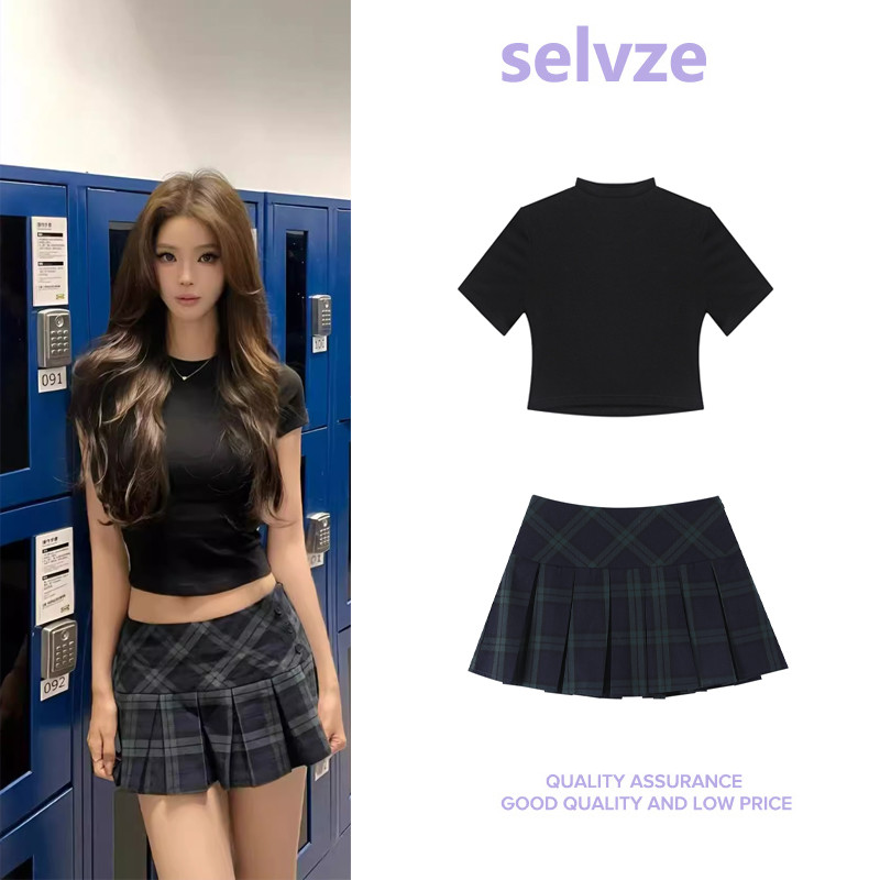 Selvze เสื้อยืด กระโปรงสั้น ชุดเซ็ท กระโปรงสั้น ชุดผู้หญิง ชุดไปคาเฟ่ ชุดทํางาน กระโปรงสั้น กระโปรงพลีท เซ็กซี่