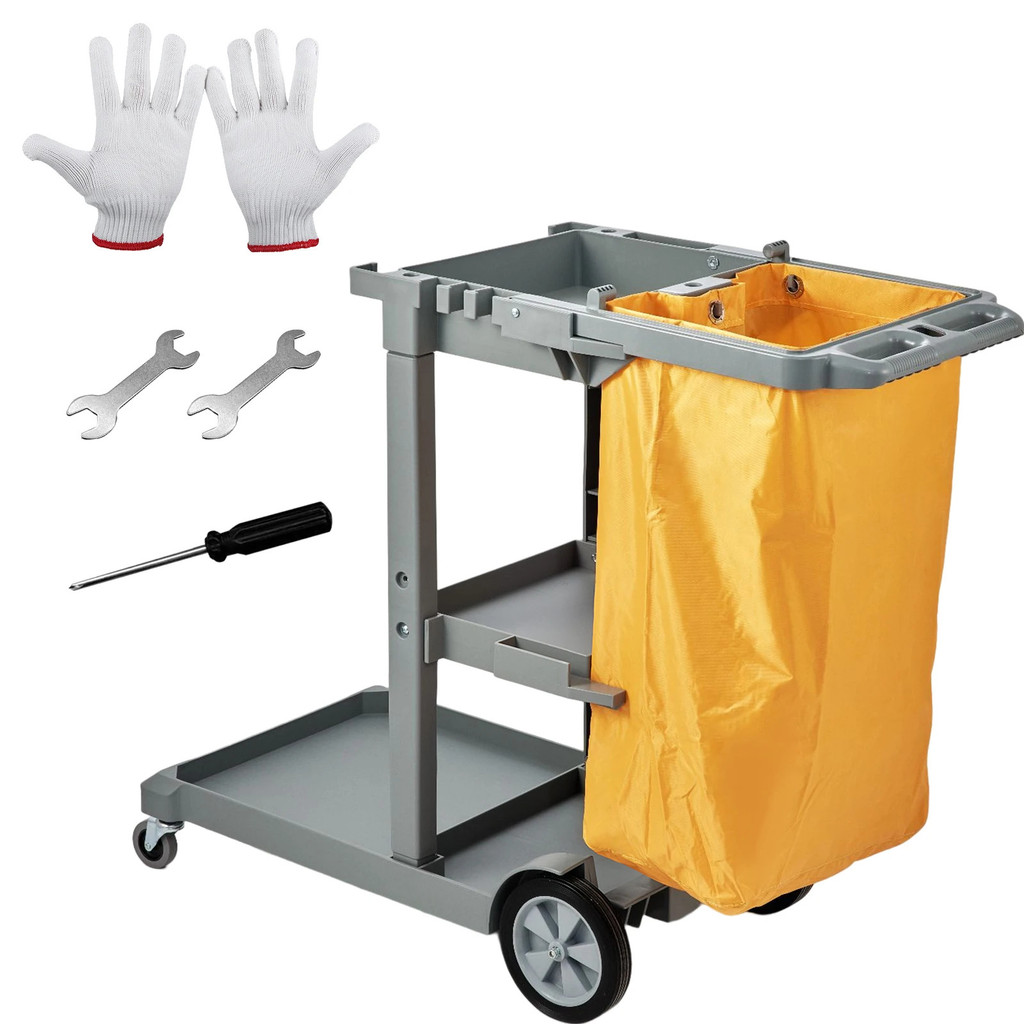 ทําความสะอาดรถเข็น 3 ชั้น Commercial Janitorial Cart 200lbs ความจุ W/ 25 แกลลอนกระเป๋า Pvc สําหรับ O