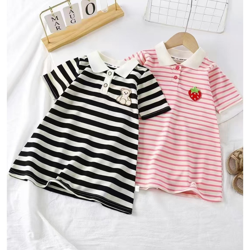 ชุดเดรสโปโล แฟชั่น สำหรับเด็กผู้หญิง แขนสั้นลายทาง คอปก ผ้าระบายอากาศ ใส่สบายไม่ร้อน 🎈DA-K🎉