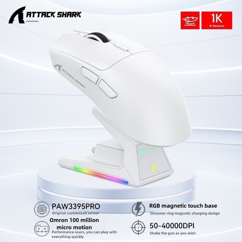 ATTACK SHARK X1 เมาส์สําหรับเล่นเกมไร้สายพร้อมแท่นชาร์จ RGB PAW3395 PRO Sensor สูงสุด 40K DPI 1KHz P