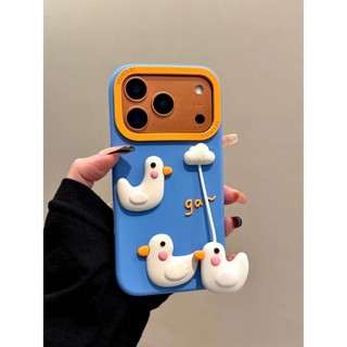 การ์ตูนน่ารักซิลิโคนสเตอริโอเป็ดสีขาวเคสโทรศัพท์สําหรับiPhone17 Pro Max 16 15 14 13 Pro Maxกันกระแทกกล้องป้องกันDrop-proofนุ่มปกหลัง