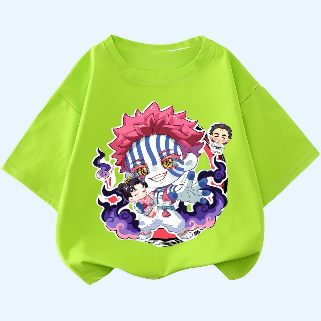 เด็ก 2D Kimetsu ไม่มี Yaiba เสื้อยืดแขนสั้นน่ารัก Akaza พิมพ์ชุดลําลองสําหรับเด็กโรงเรียนกลางแจ้งทุก