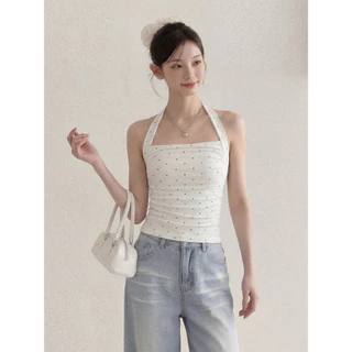 Vogue🌟พร้อมส่ง🌟 เสื้อยืดคล้องคอ ดีไซน์ติดเพชรทั้งตัว เสริมฟองน้ำเข้ารูป ผ้ายืดตามตัว (FY5171)