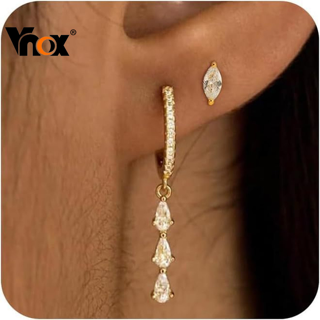 Vnox Gold Luxury Minimalist White Cubic Zirconia ต่างหูทรงหยดน้ําสําหรับผู้หญิง, Dainty Drop ต่างหูดีไซน์หรูหรา