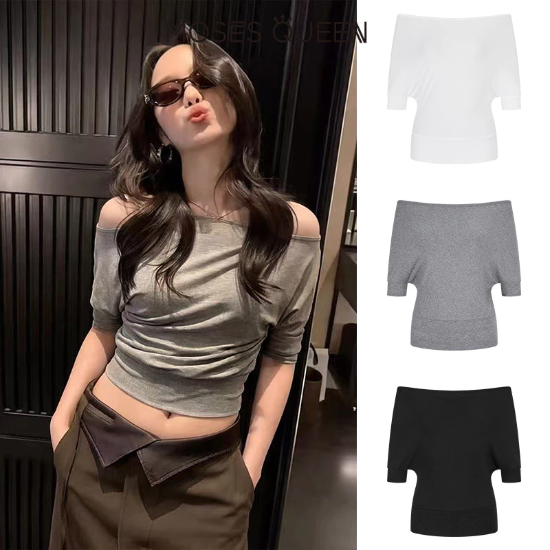 MOSESQUEEN เสื้อยืดแขนสั้นคอวีทรงจีบบุนวมสําหรับผู้หญิง - ดีไซน์สมมาตรสไตล์ Eggy เหมาะสําหรับการกระชับสัดส่วน #63941