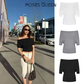 MOSESQUEEN เสื้อยืดแขนสั้นคอวีทรงจีบบุนวมสําหรับผู้หญิง - ดีไซน์สมมาตรสไตล์ Eggy เหมาะสําหรับการกระชับสัดส่วน #63941