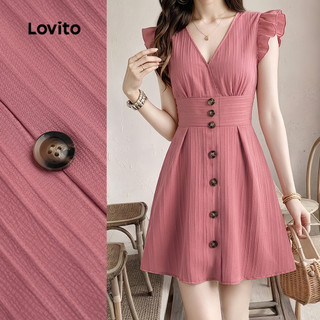 (New Arrival) Lovito Women Elegant Dress Button Ruffle Simple Spring/summer Pink Dress LK7ED1181
