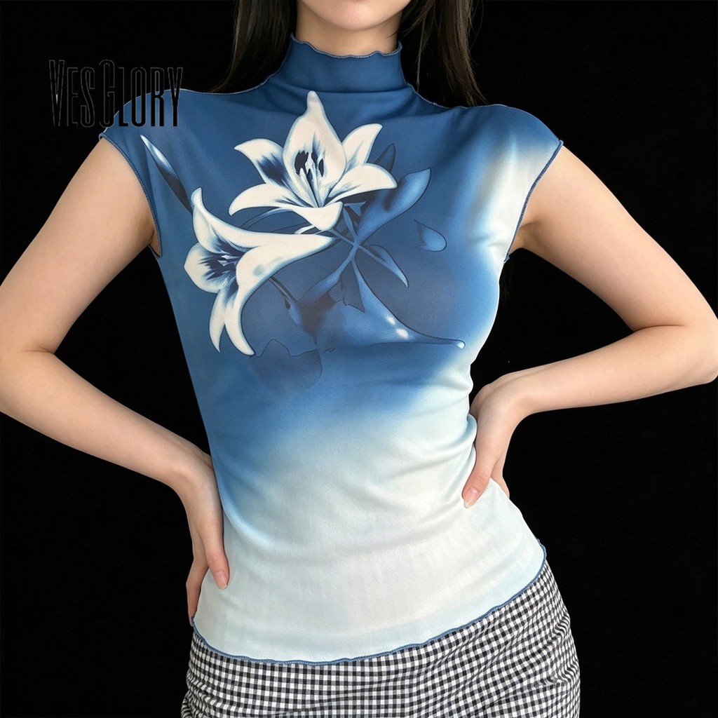 VesGlory ผู้หญิง 2026 พิมพ์รอบคอแขนกุดตาข่าย Tank Top แฟชั่น New Daily College Y2k — صورة 3