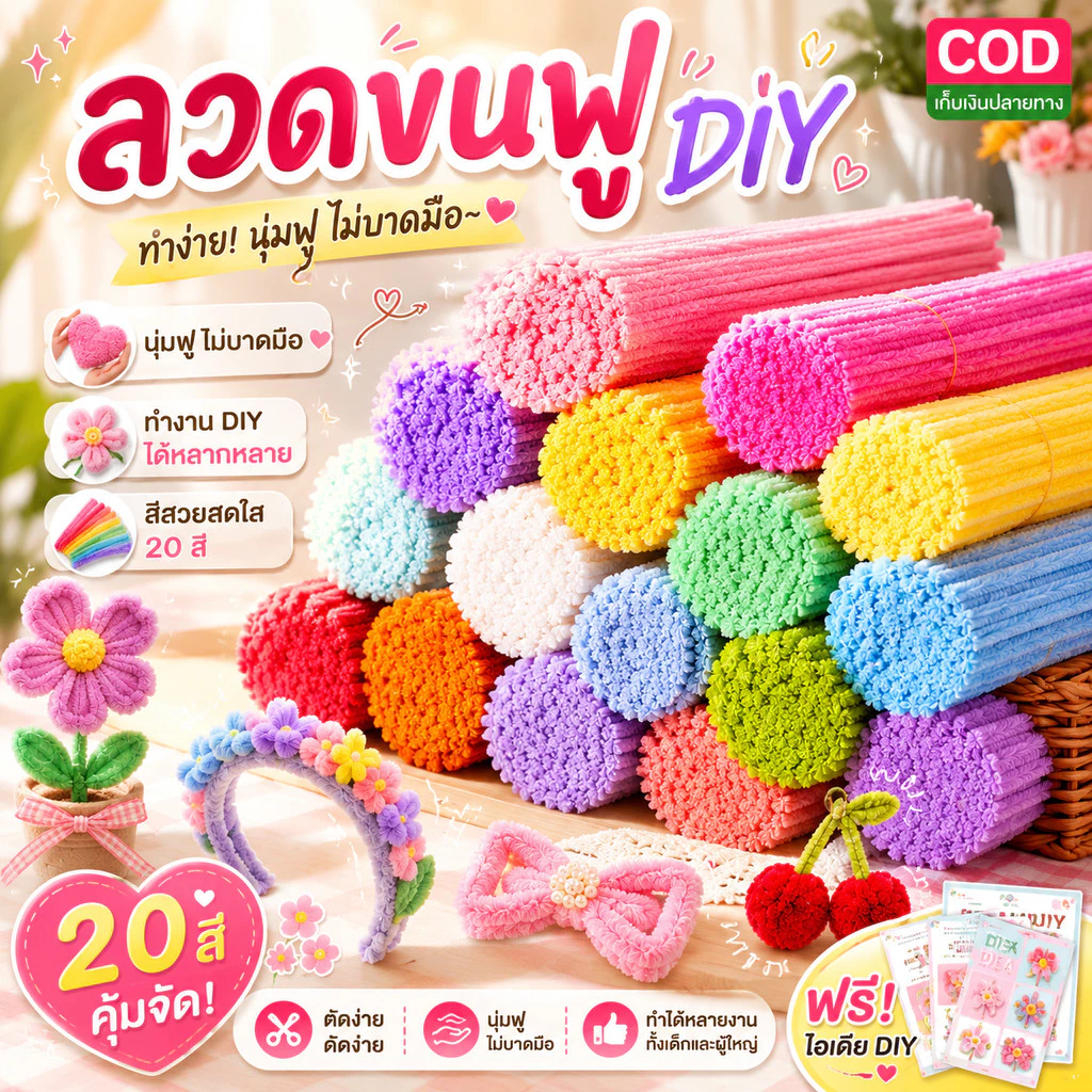 ลวดกำมะหยี่ 8 มม. Chenille Stem คละสี 20/50/100 ชิ้น ดัดง่าย ทำดอกไม้ DIY งานฝีมือ ของตกแต่ง