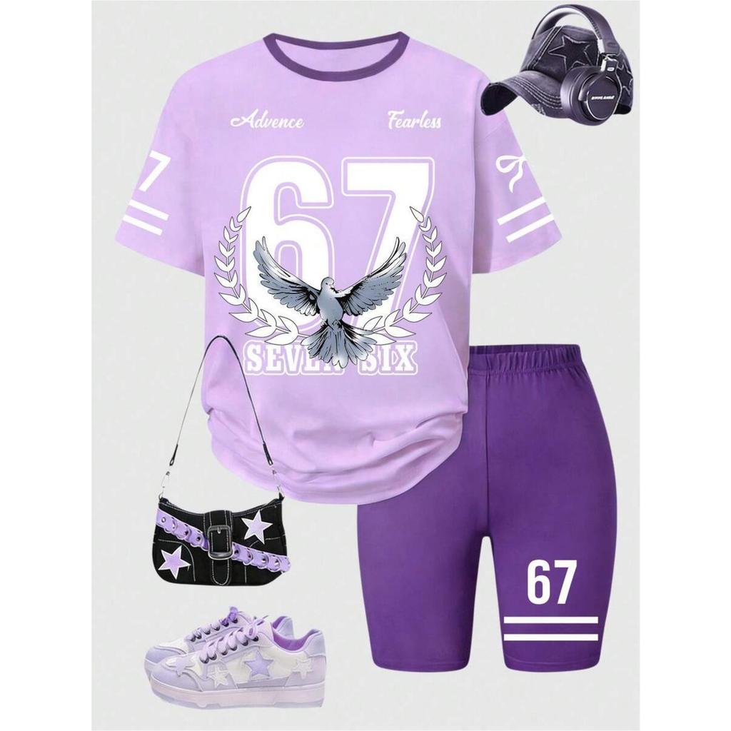 Girls retro American 3D No.67 print tee & short-fit short ดีไซน์ใหม่อินเทรนด์ เหมาะสําหรับ back-to-s