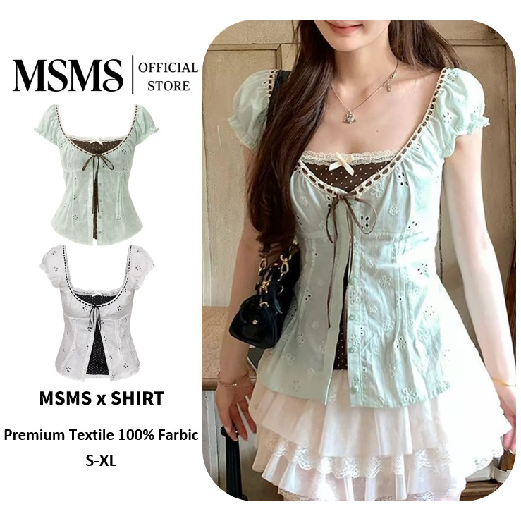 Eyelet Embroidery Lace Blouse เสื้อเชิ้ตผู้หญิงลายปักดอกไม้ ผ้าตัดรูคัทเวิร์ก ลูกไม้และริบบิ้น สไตล์คาวเกิร์ลหวานๆ มี2สี สีฟ้าอ่อน / สีขาว Size S‑XL