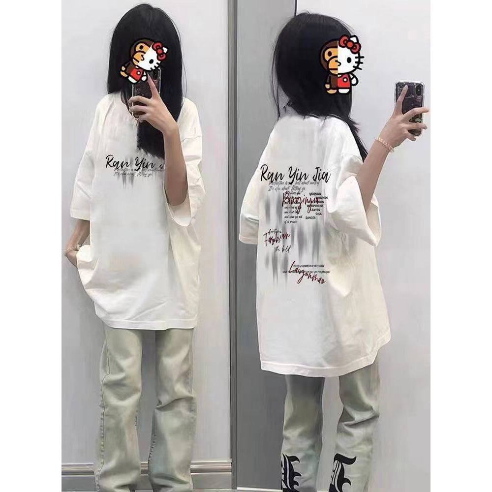 alphabettshirt สไตล์วินเทจ เสื้อยืดตัวอักษร ย้อนยุคนักเรียนมัธยมต้นฤดูร้อนคู่หลวมแขนสั้น