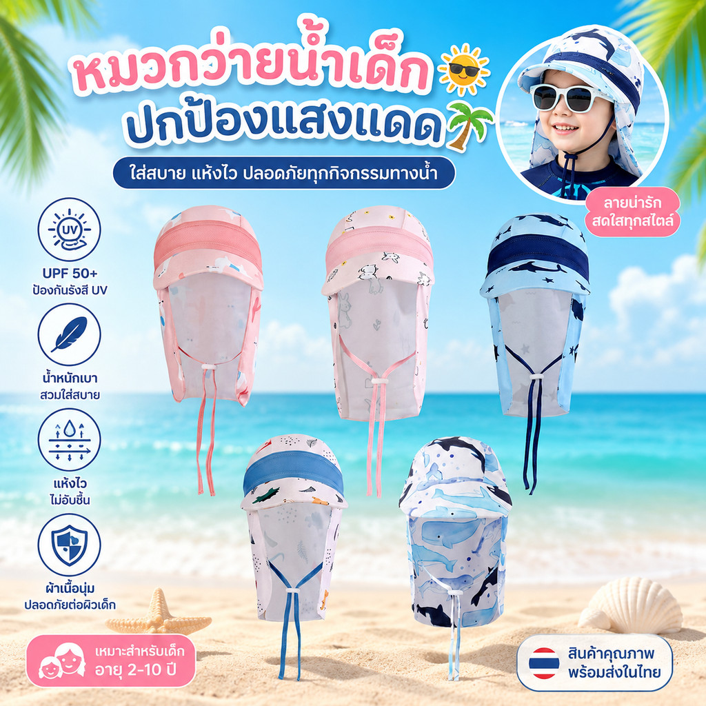 JIE HOME หมวกว่ายน้ำเด็ก หมวกกันแดดว่ายน้ำ บังแดดด้านหน้าและต้นคอ มีสายรูดตรงคางปรับขนาดได้