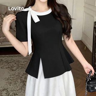 Lovito เสื้อเบลาส์ลูกไม้หรูหราผูกสีบล็อกฤดูใบไม้ผลิ/ฤดูร้อน สีดําขาวสําหรับผู้หญิง LK4LD2719