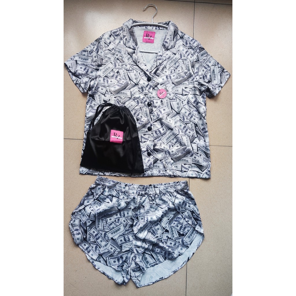 European American Singles~Dollar กางเกงขาสั้นแขนสั้นพิมพ์ลาย Home Suit