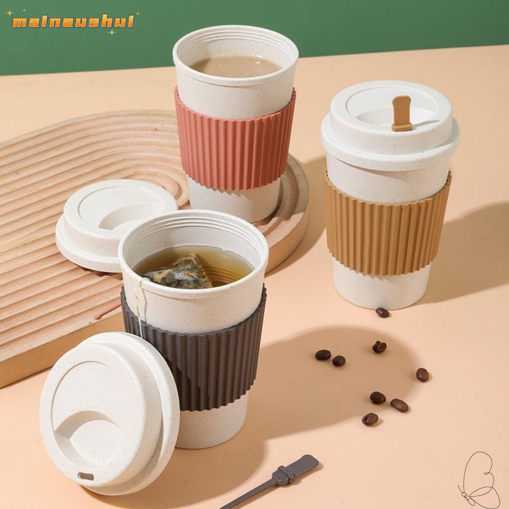 MAINAUSHUI ถ้วยกาแฟ, ป้องกันน้ําร้อนลวกพร้อมฝาปิดแก้วกาแฟ, แบบพกพานํามาใช้ใหม่ฟางข้าวสาลีลื่นถ้วยนมเดินทาง