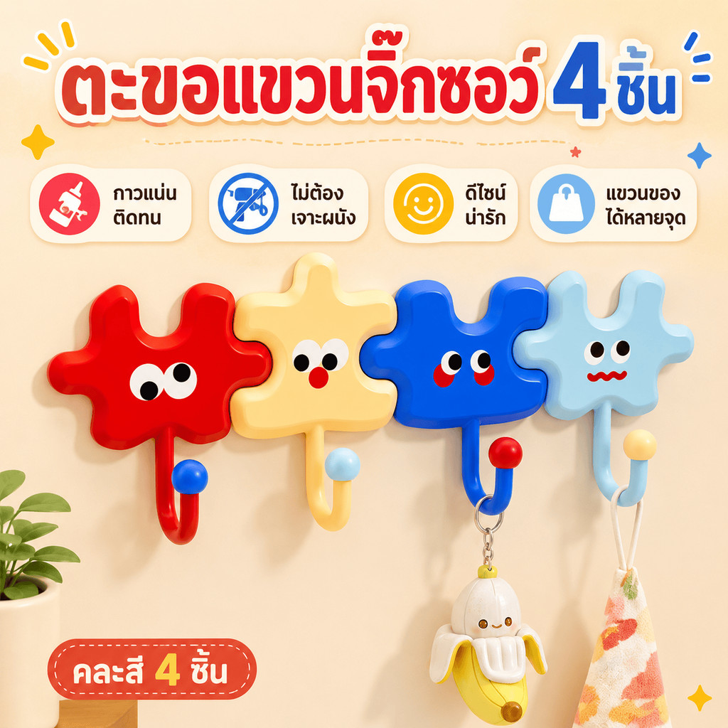 มัลติฟังก์ชั่ตะขอแขวนผนังการ์ตูนปริศนารูปร่างสีดูดีสามารถแขวนคีย์/ผ้าขนหนู/วัตถุขนาดเล็กเจาะฟรีพร้อมสต็อกจัดส่งที่รวดเร็วทนทาน