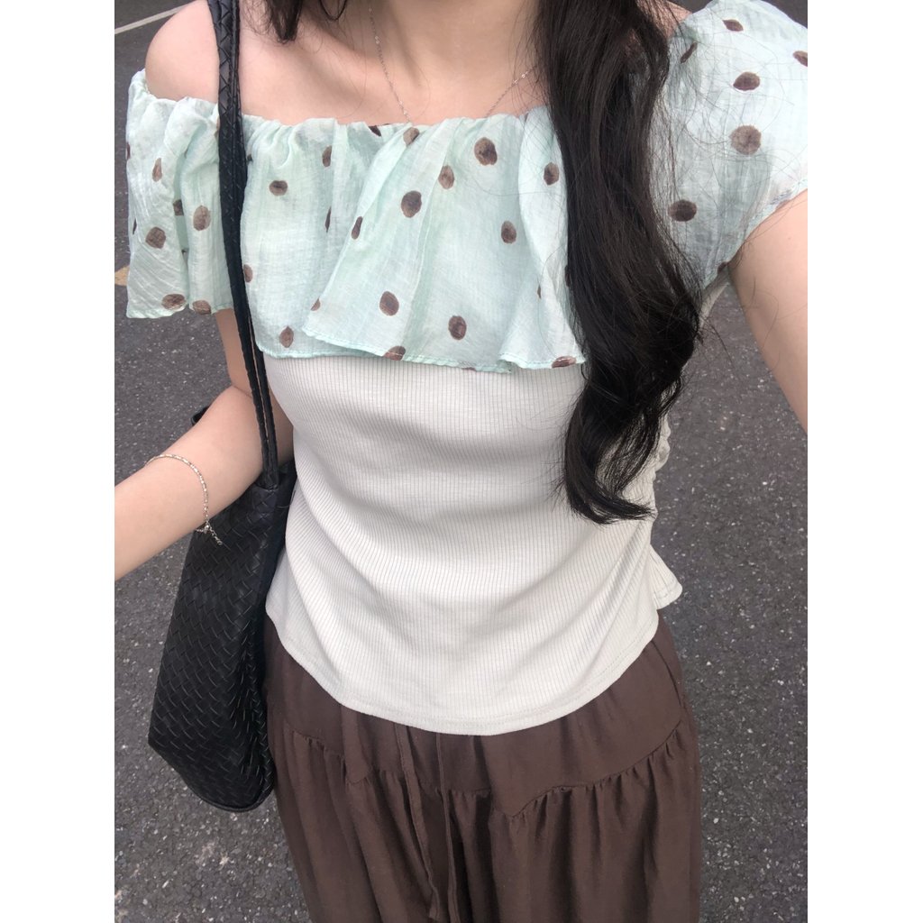 ฝรั่งเศส High-End Polka Dot Ruffled ไหล่เดียวแขนสั้นเสื้อยืดผู้หญิงฤดูร้อน All-Match Slim-Fit Slimmer ดู