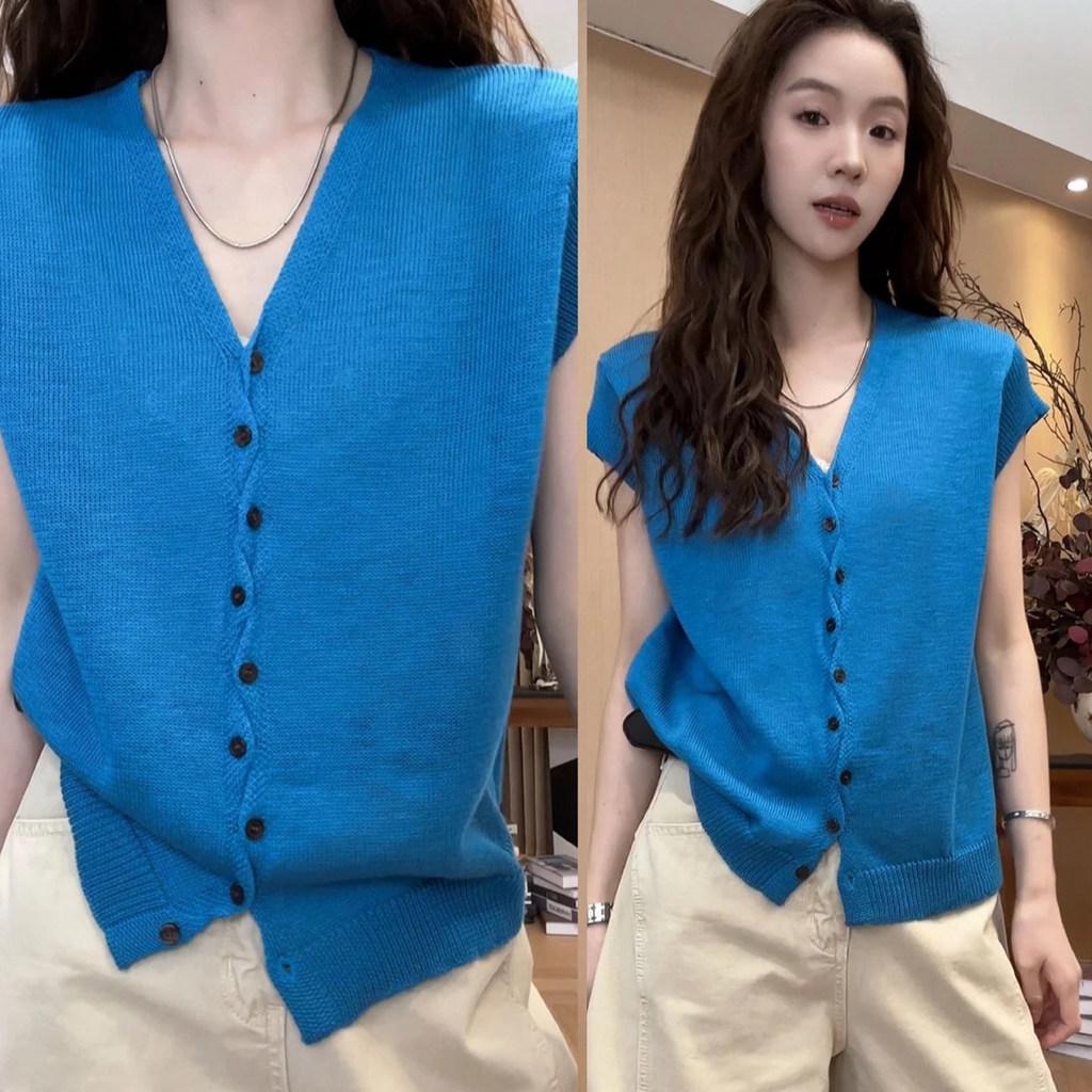 ฤดูร้อนสไตล์ใหม่ปุ่มไขว้SlimmerดูVคอสั้นแขนเสื้อถักผู้หญิงปุ่มหลวมสไตล์ขี้เกียจแขนสั้นMe I 得 A313