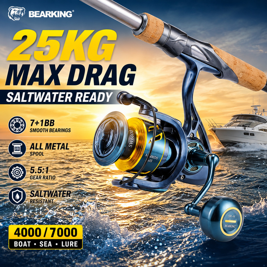 รอกสปินนิ่ง BEARKING 4000 7000 แรงดึง 25KG สปูลโลหะ 7+1BB รอกตกปลาทะเล ตกปลาเหยื่อปลอม แข็งแรง ลื่น