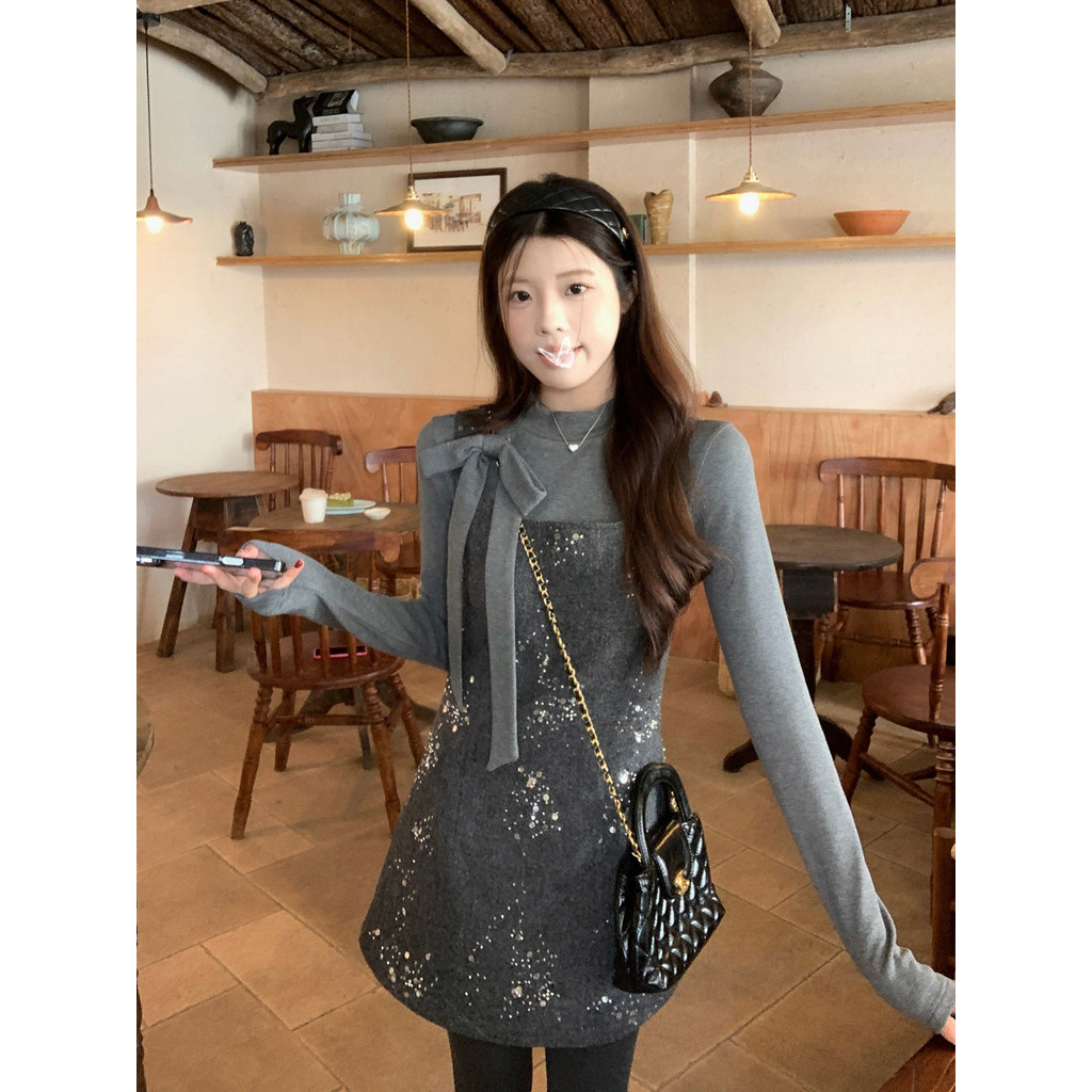 Wu 77miu Series Heavy Industry Sequined เสื้อกั๊กทําด้วยผ้าขนสัตว์ผู้หญิง Bow Brushed Top กระโปรงสั้