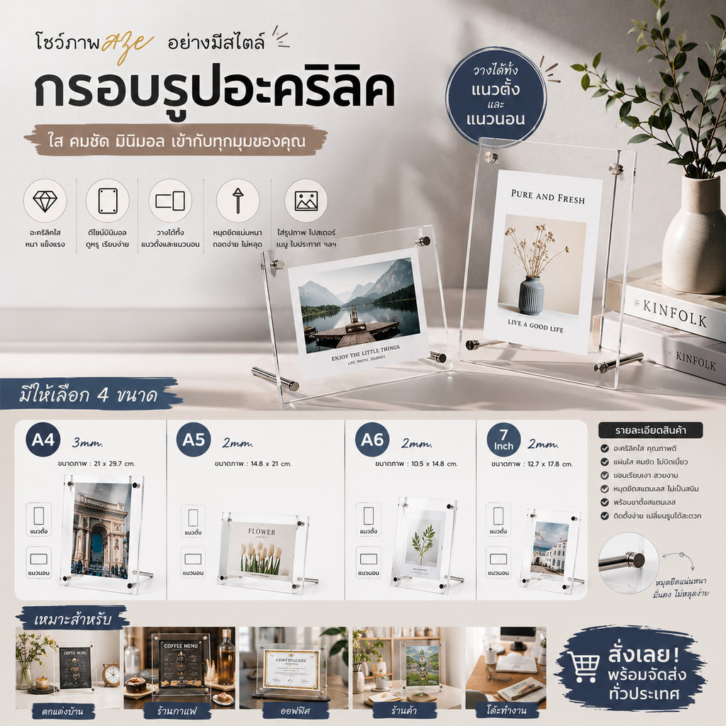 กรอบรูปอะคริลิค กรอบรูป ขนาด กรอบรูปแบบตั้งโต๊ะ A4 A5 A6 หนา2-3mm. งได้ทั้งแนวตั้ง และแนวนอน พร้อมหม