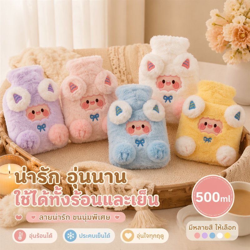 ถุงน้ำร้อน ถุงประคบร้อน ลายการ์ตูน ผ้าขนกระต่าย PVC ใช้ร้อนเย็น 500ml 750ml 1000ml