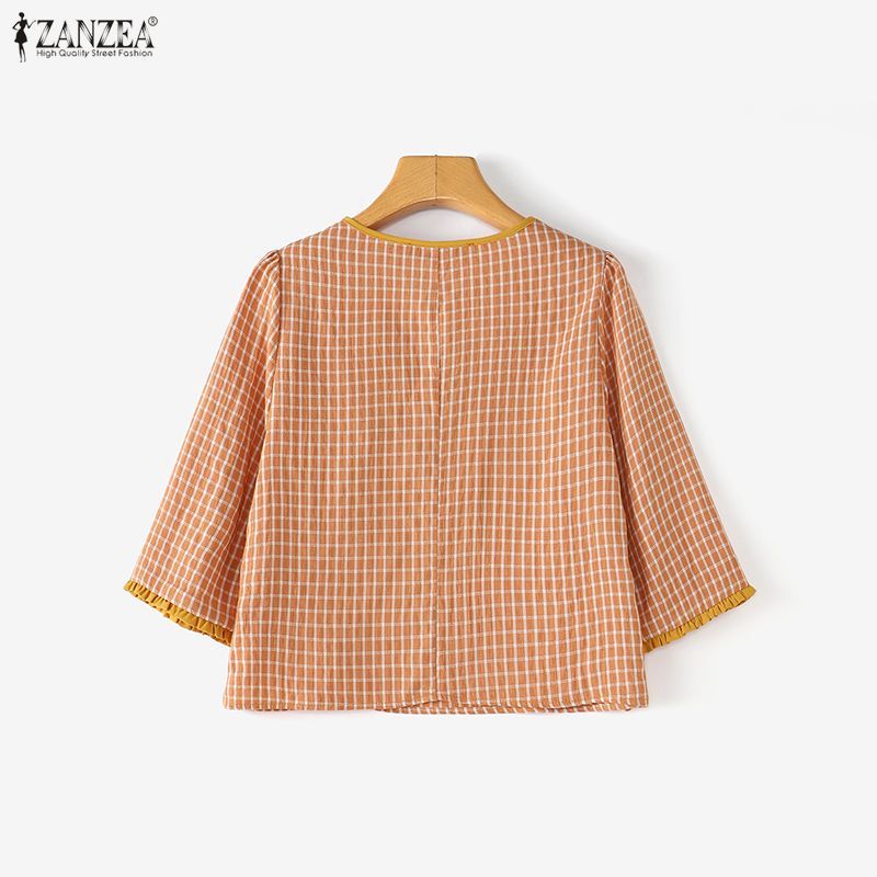 ZANZEA ผู้หญิงเกาหลีวินเทจ V คอกลางแขนด้านข้าง Tie-Up Contrast Edge Checkered เสื้อเบลาส์ — صورة 8