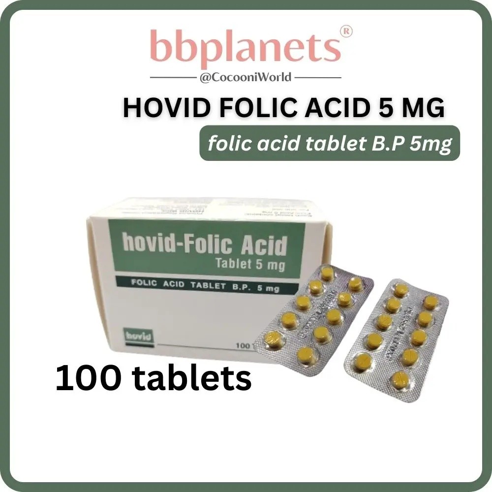 Hovid Folic Acid 5MG 100S Tablet (1 กล่อง) สําหรับการเจริญเติบโตของทารก สารอาหารก่อน/ระหว่างตั้งครรภ