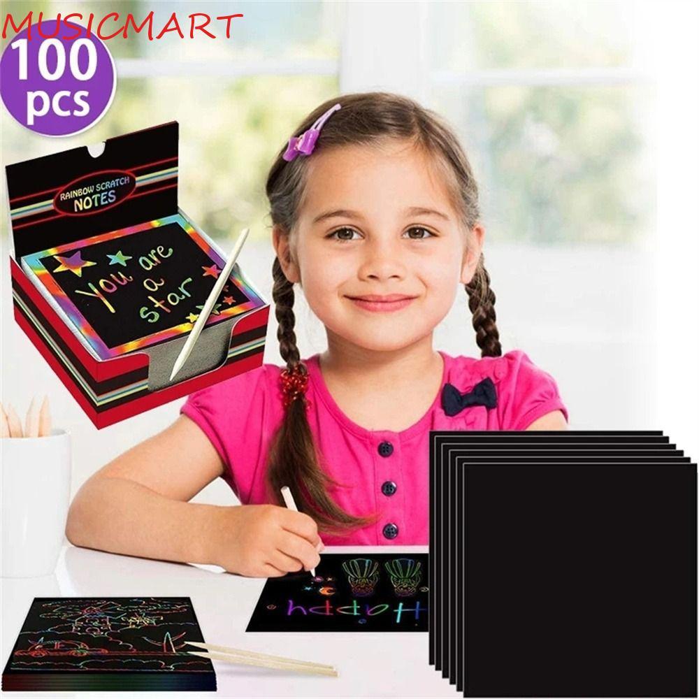 MUSICMART Scratch Art กระดาษ Art Craft 100 PCS ภาพวาดแม่แบบของเล่นเด็ก Mini Scratch Art Craft Rainbo