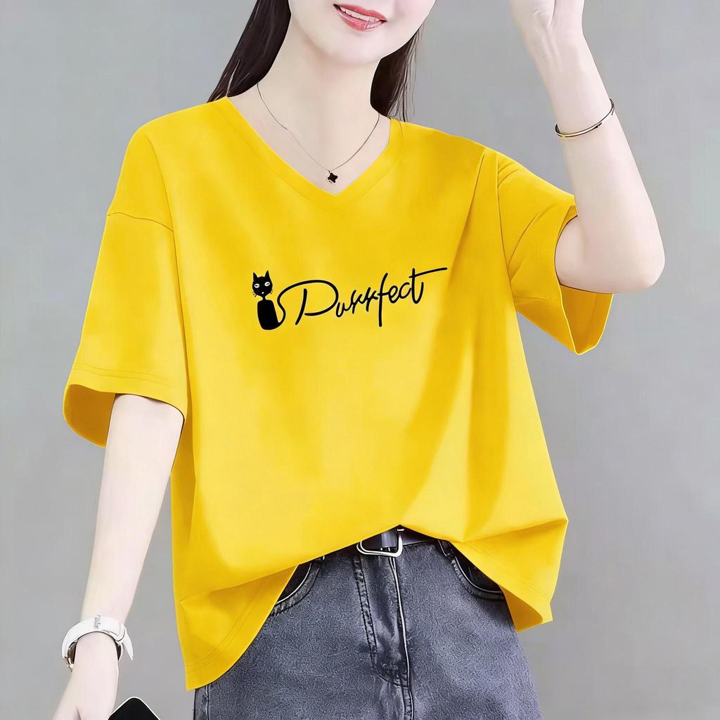 หลากสี เสื้อยืดหลวม เสื้อยืดผู้หญิง เสื้อผ้าสไตล์เกาหลี เสื้อยืดหลวม หลวมพอดีเสื้อยืดสีทึบเหมาะสำหรับผู้หญิงอ้วน ทุกวัน