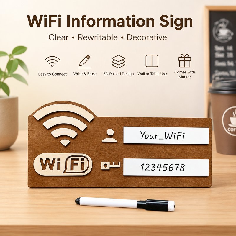 ป้ายสัญลักษณ์ WiFi ป้ายรหัสผ่าน WiFi แบบไม้ พร้อมปากกา ช่องเขียนชื่อและรหัสชัดเจน ของตกแต่งร้านกาแฟ สำนักงาน