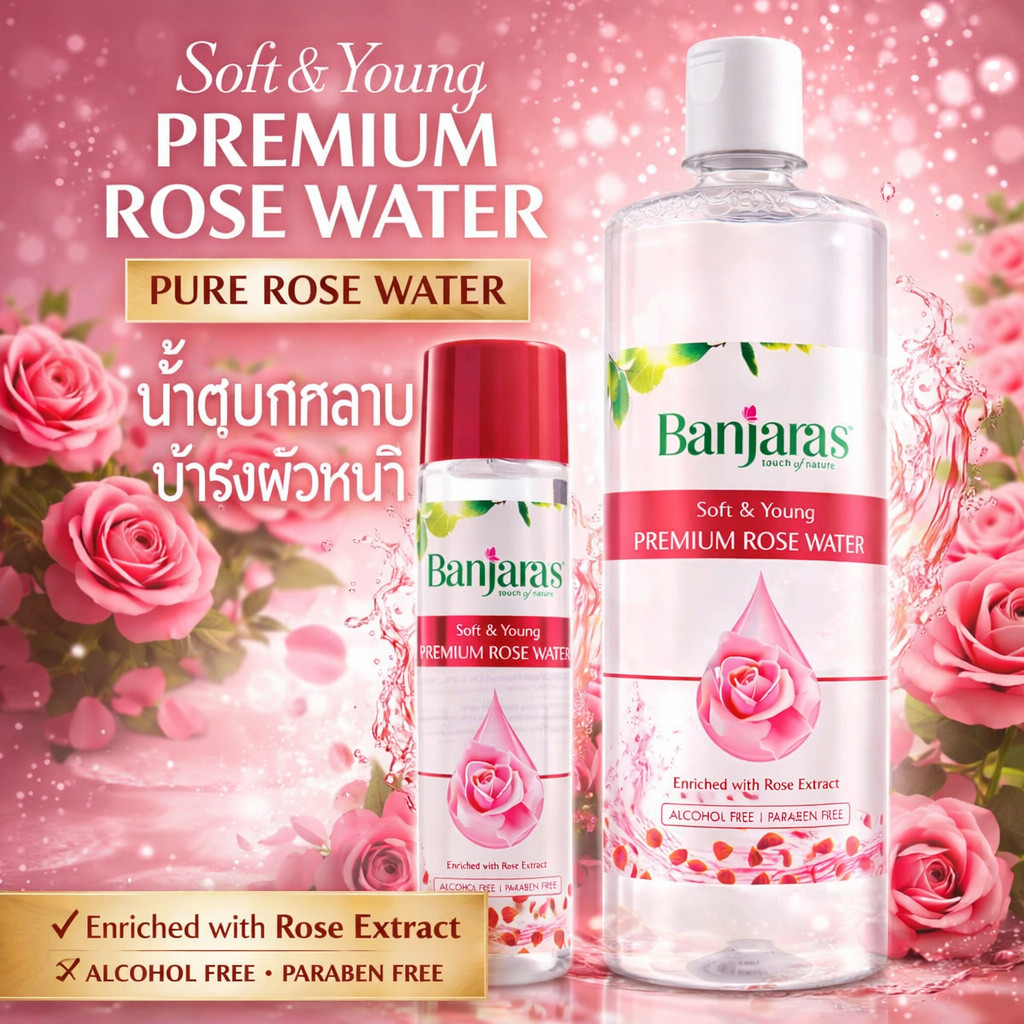 Banjara's Premium Pure Rose Water น้ำตบกุหลาบ บำรุงผิวหน้า (Soft & Young) - 120ml,250ml