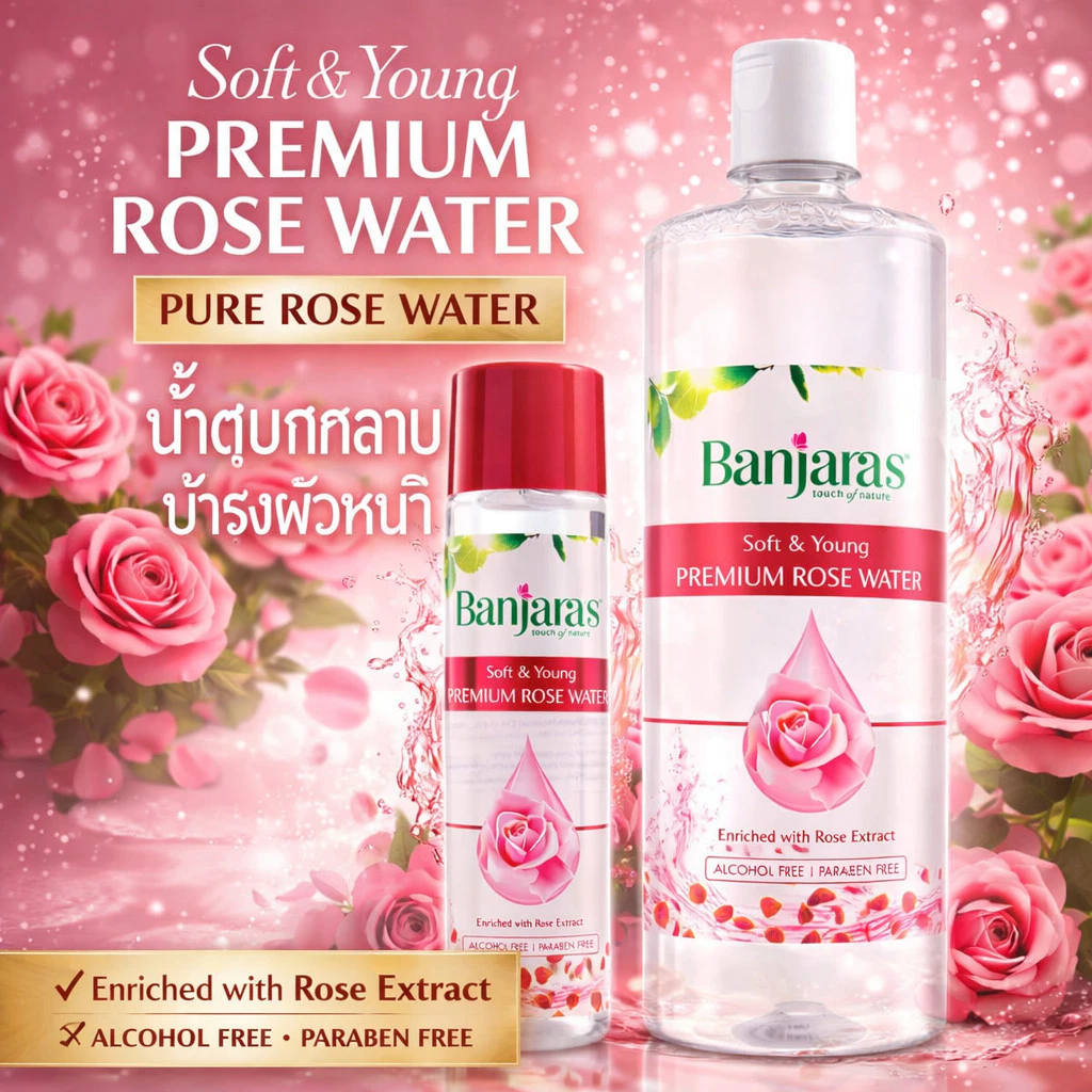 Banjara's Premium Pure Rose Water น้ำตบกุหลาบ บำรุงผิวหน้า (Soft & Young) - 120ml,250ml