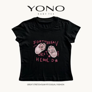 (พร้อมส่ง24ชม.) YONO baby tee สีชมพู ลายอุ้งเท้าสีเทากับดาว ทรงเข้ารูป สไตล์เกาหลี y2k