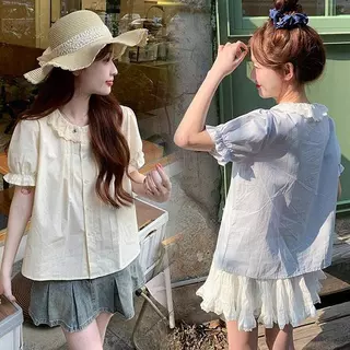 mimi&diid-เสื้อเชิ้ตแขนสั้นสีฟ้าทรงหลวมน่ารัก เสื้อไซส์ใหญ่ดีไซน์เก๋ไก๋สไตล์เกาหลี พร้อมปกปีเตอร์แพน สำหรับผู้หญิง-W755