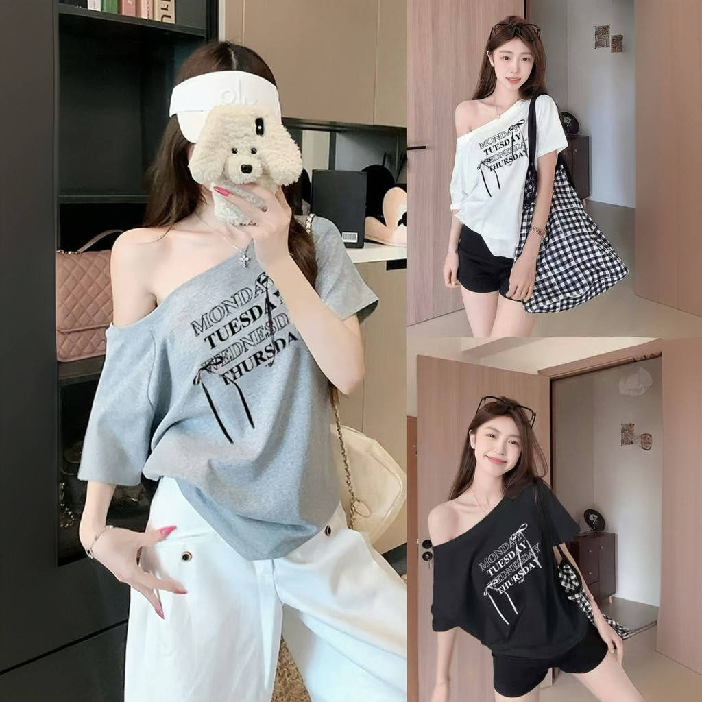 พร้อมส่ง เสื้อปาดไหล่ เสื้อยืดผู้หญิง ทรงหลวม เข้ากับทุกสไตล์ได้ โบว์ พิมพ์ลาย มีสีให้เลือกมากมาย Velca