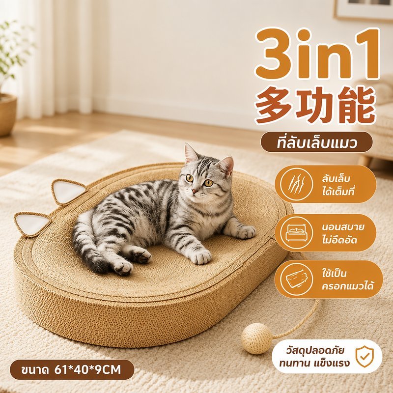ที่ลับเล็บแมว 3in1 เตียงแมว ที่นอนแมว กระดานข่วนแมว รางบอล ของเล่นแมว ถ้ำแมว