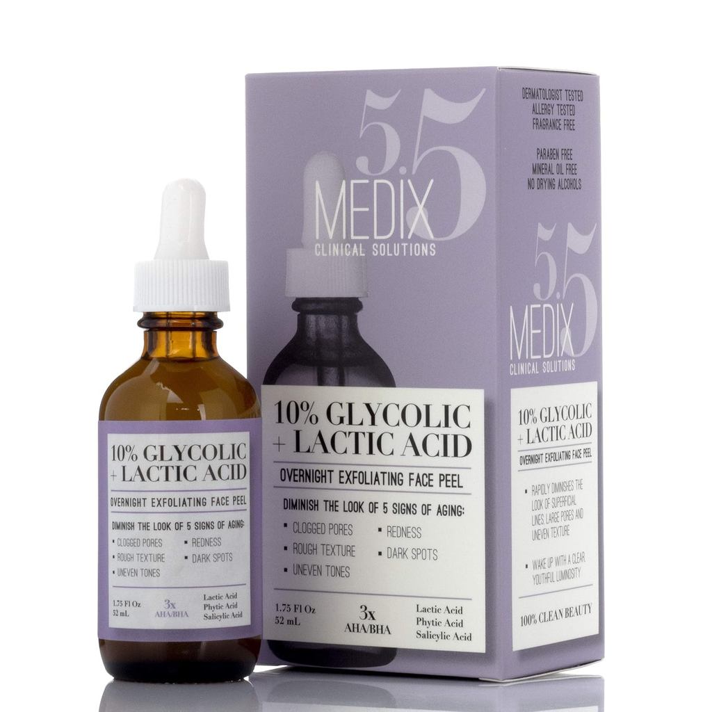 Medix 5.5 10% Glycolic Acid Face Peel Exfoliating Serum with Lactic Acid + Salicylic Acid, Gentle Sk