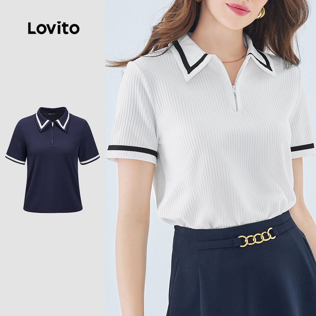 Lovito แคชชวล เสื้อยืดแขนสั้นทรงหลวม ดีไซน์ คอปกตัดกัน ทรงหลวม เหมาะสำหรับฤดูร้อน/ฤดูใบไม้ผลิ สำหรับผู้หญิง รหัส L49ED029 (หลากสี)
