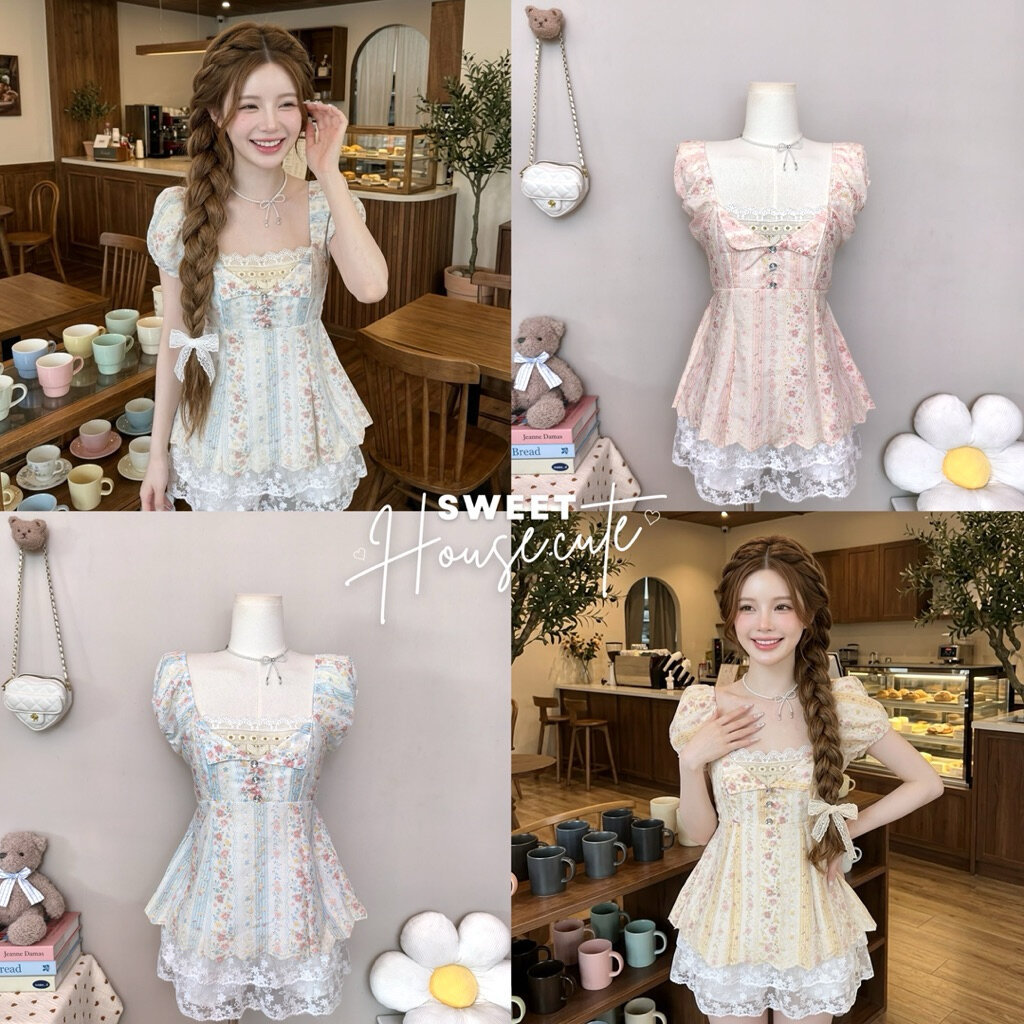 🧸 SweetHouse #755 🌻 เสื้อแขนตุ๊กตาแหวกอก ผ้าฉลุลายดอกไม้ แต่งลูกไม้ สไตล์เกาหลี ลูกคุณหนู Cottagecore + กระโปรงลูกไม้