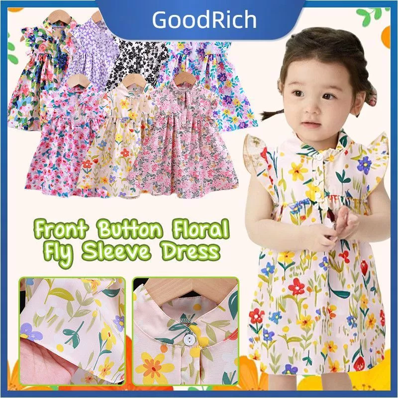 【สินค้าพร้อมส่ง】 ชุดเดรสเด็กผู้หญิงแขนกุดลายดอกไม้ ชุดเดรสแขนพองสำหรับเด็กผู้หญิง อายุ 1-4 ปี สำหรับฤดูร้อน 【GoodRich】