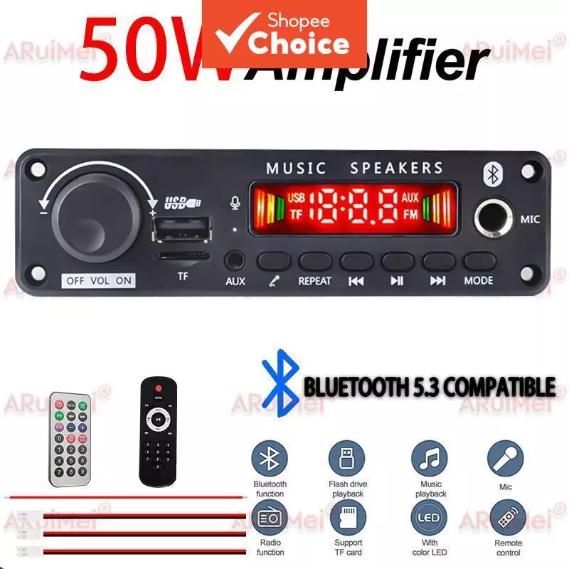 โมดูลเครื่องขยายเสียงบลูทูธ 5.3 50W พร้อมเครื่องเล่น MP3 วิทยุ FM USB TF และการบันทึกไมโครโฟน