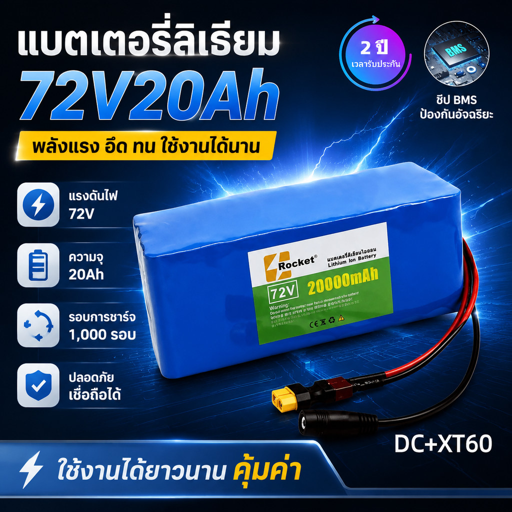 แบตลิเธียม 72V 20AH สำหรับรถไฟฟ้าและสกู๊ตเตอร์ พร้อมวงจรป้องกันอัจฉริยะ