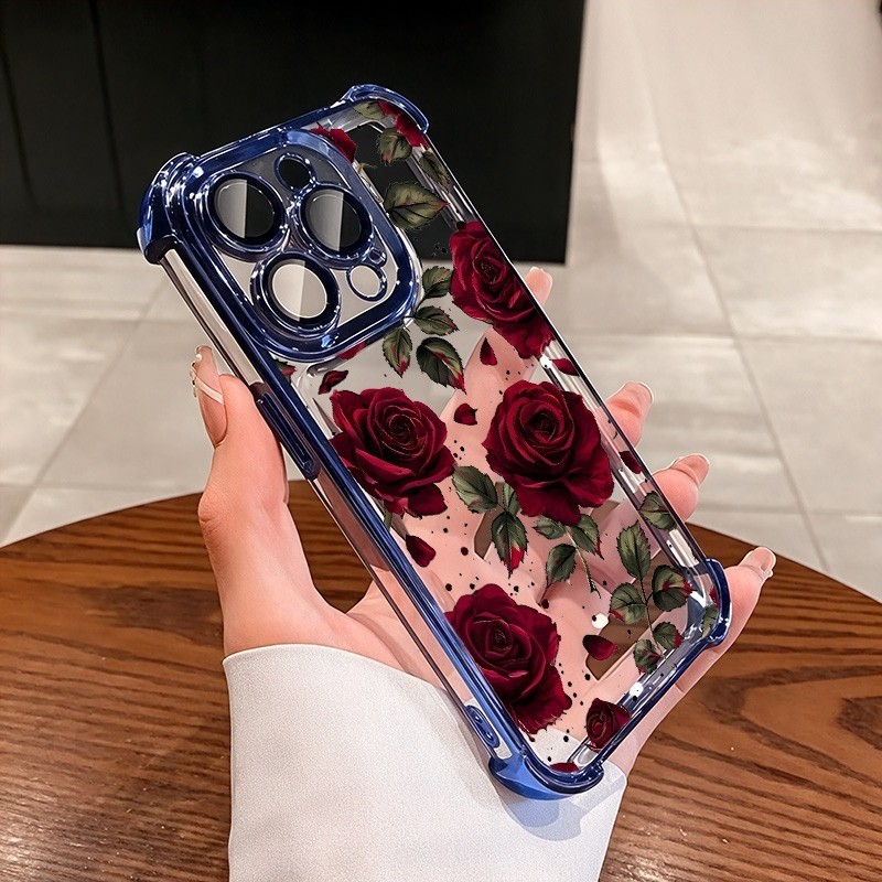 ชัดเจน เคส สำหรับ OPPO Reno 16F 16 15 15F 14F 13F 12F 11F 14 12 13 11 F 10 Pro 8T 7 หรูหราพรีเมี่ยมน่ารัก Rose ดอกไม้โปร่งใสชุบกันกระแทกกรณีโทรศัพท์อ่อน