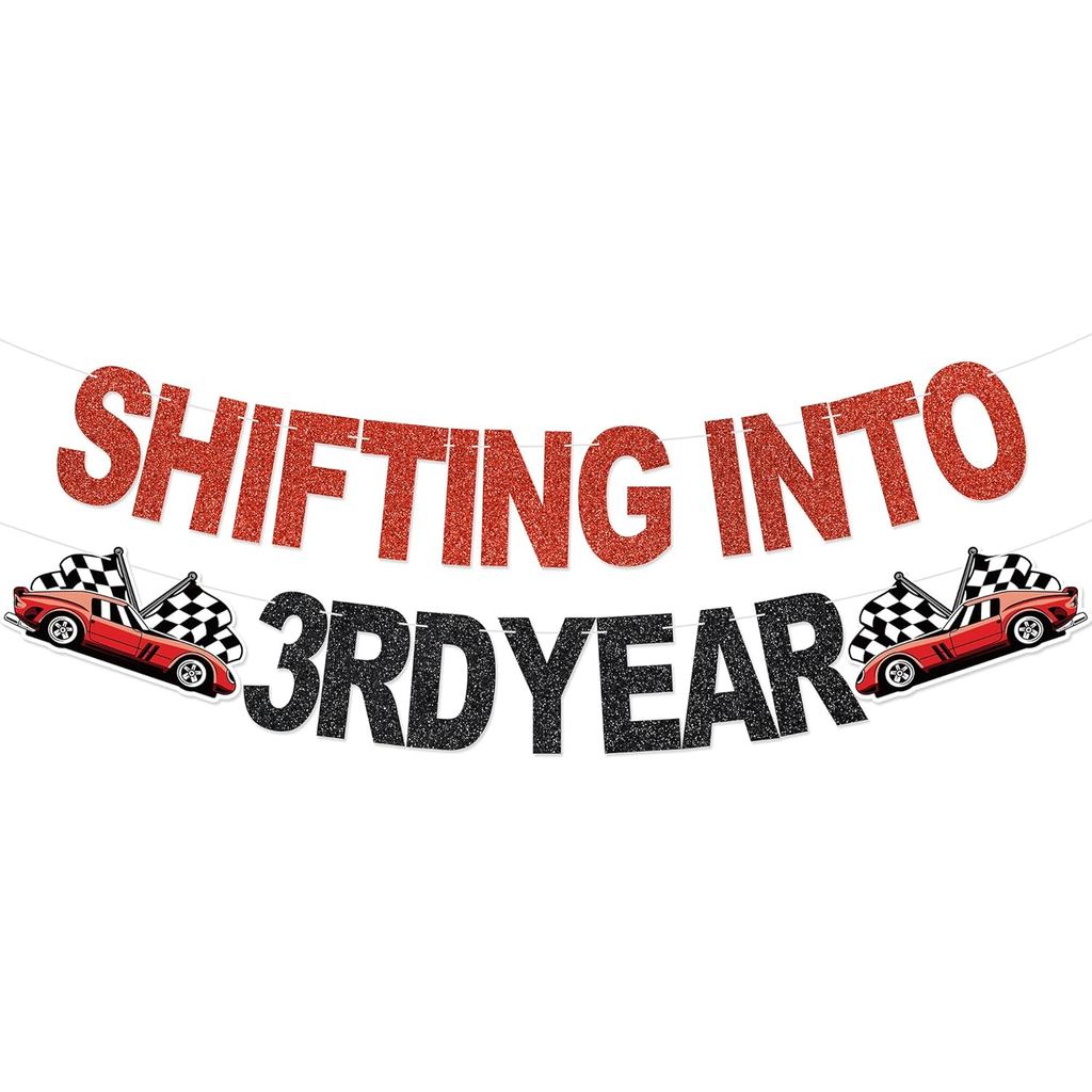ขยับเป็นแบนเนอร์ปีที่ 3 - Shifting Into 3rd ปีตกแต่งวันเกิดสําหรับ Race Car Themed 3rd Birthday Part