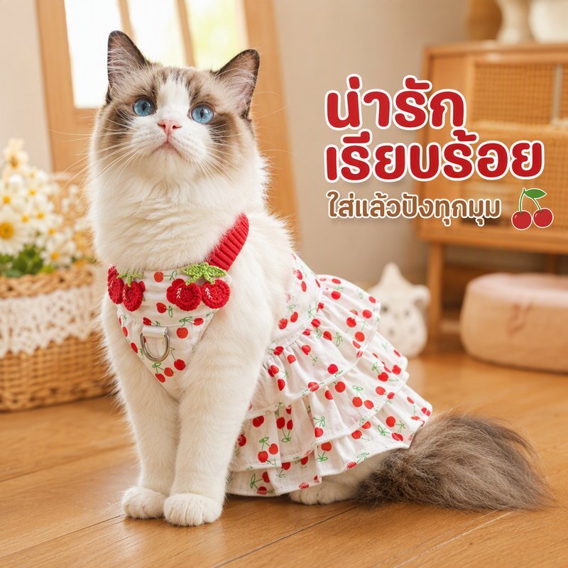 ชุดเดรสสุนัข กระโปรงสัตว์เลี้ยง ลายเชอร์รี่ สไตล์เจ้าหญิง ผ้าฝ้าย สายรัดยืด ใส่สบาย